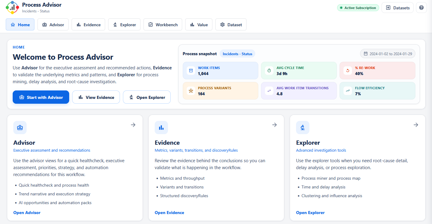 Process Advisor home screen